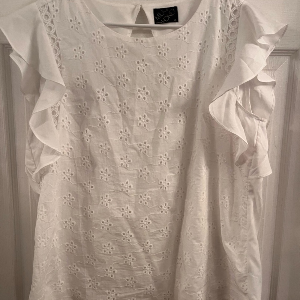 Elegant White Eyelet Blouse with Ruffle Detail